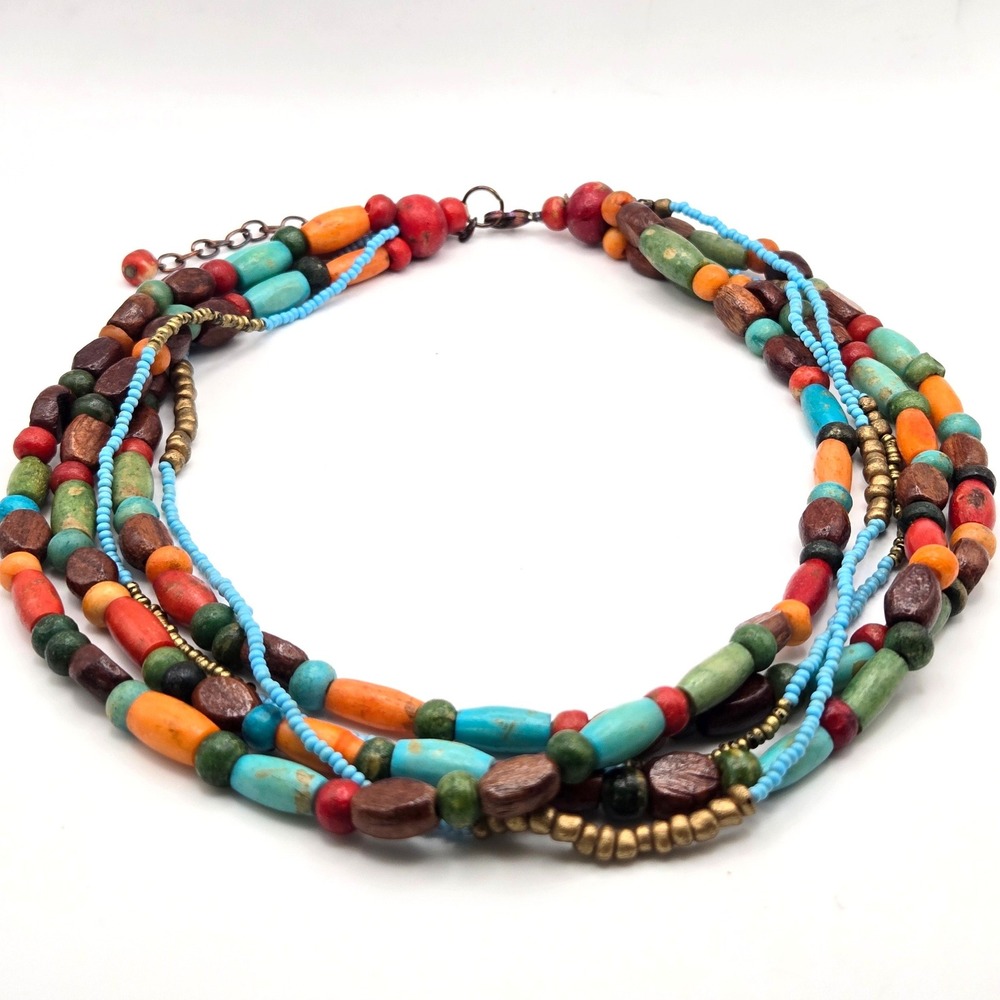 Multi-strand Handmade Wood and Recycled Glass Bead Necklace Seed Beads Boho - Picture 5 of 8